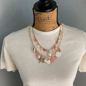Gold Tone Beach Theme Necklace Pink White Charms - Costume Jewelry
